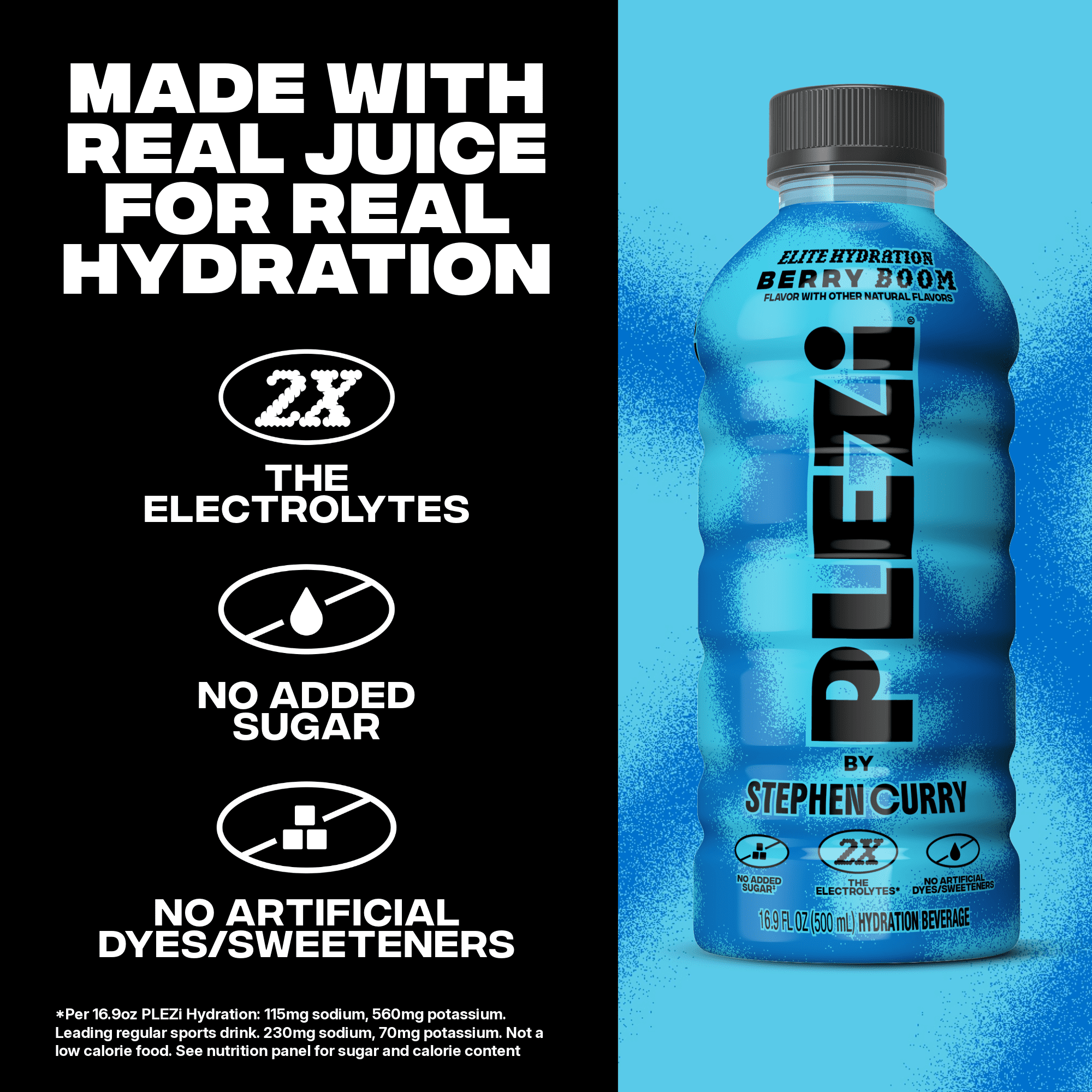 PLEZi Hydration Berry Boom Sports Drink, No Added Sugar, 2X Electrolytes & 560mg Potassium, Made with Real Juice, 16.9 fl oz Bottles, 12 Pack