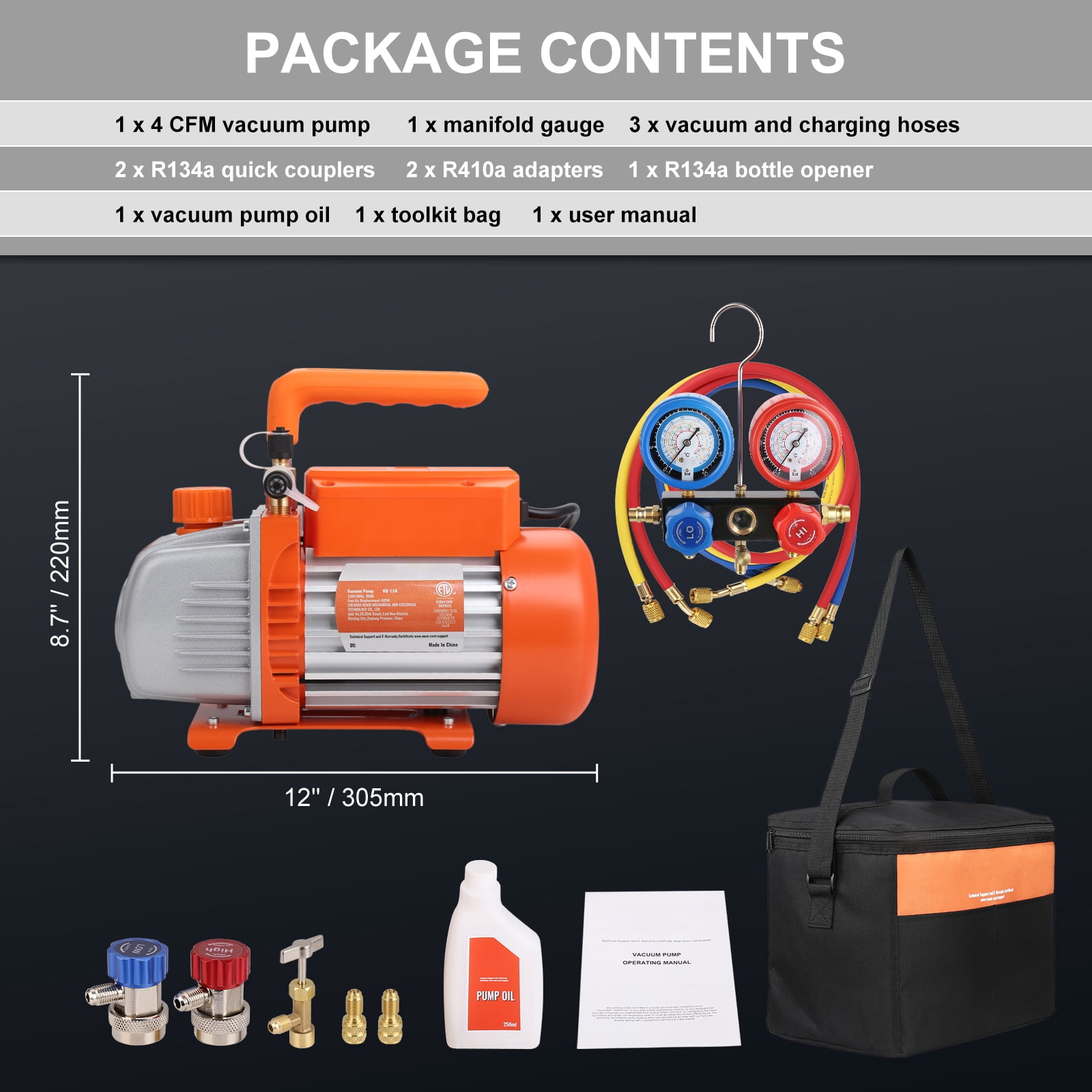 VEVOR HVAC Vacuum Pump 120 V 1/4 HP 4 CFM Gauge Set Manifold Gauge Kit with Hose for automotive refrigeration and central air-conditioning maintenance.