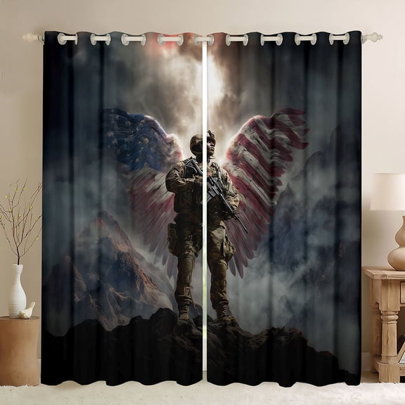 Manfei Vintage American Flag Wings Kitchen Curtains,Patriotic Soldier Black Out Curtains Pack of 2 (42x63 Each),Navy