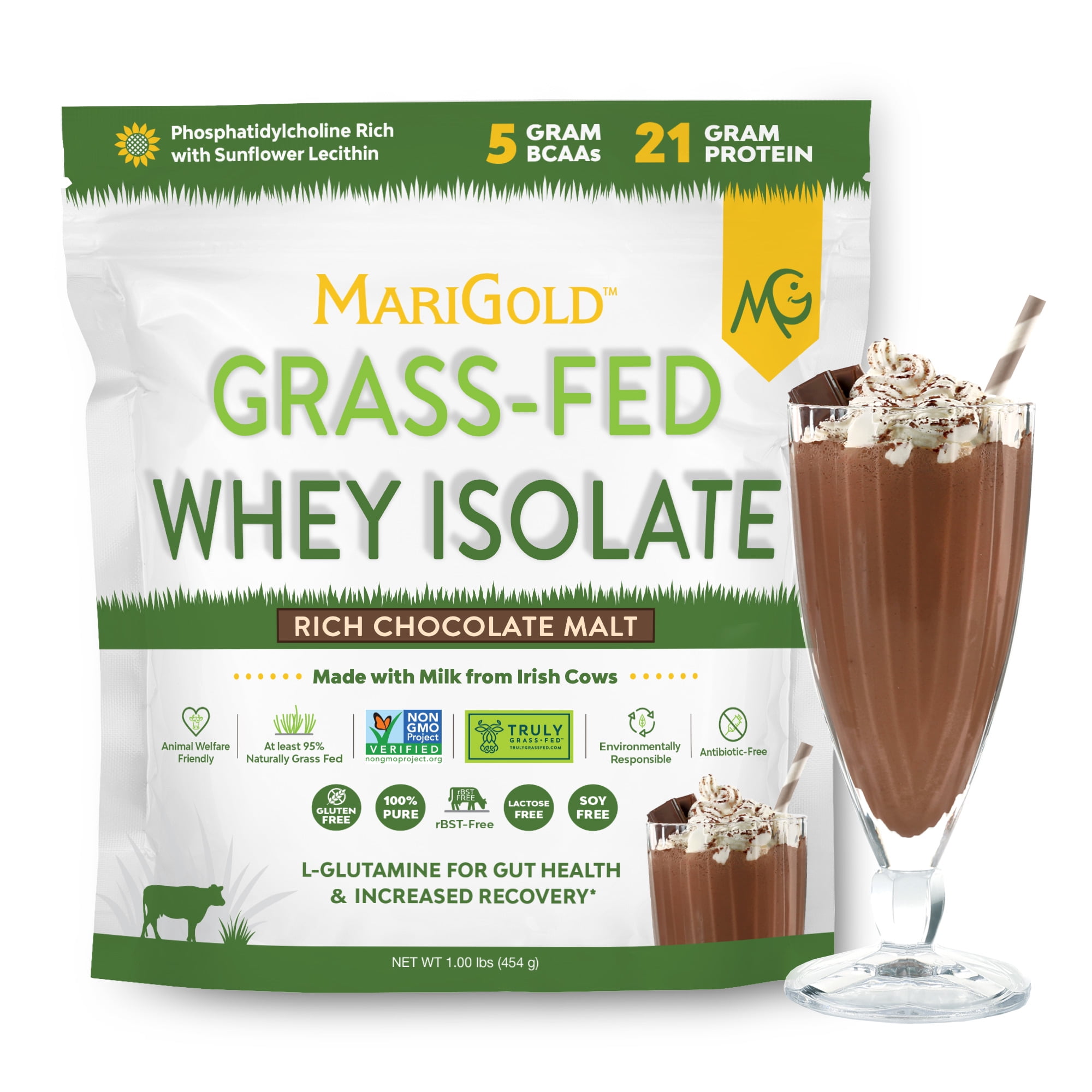 MariGold Grass-Fed Whey Isolate Protein Powder Rich Chocolate Malt 1LB - Cold Processed, Undenatured, Non-GMO, rBGH Free, Soy Free, Gluten Free