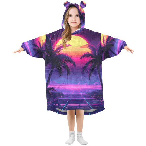 FORMRS Wearable Blanket Hoodie with Sleeves for Kids Cozy Flannel Sweatshirt, Pink Digital Art