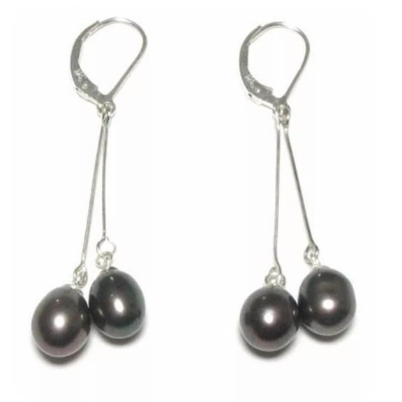 K-KED Genuine 8-9mm Black Freshwater Pearl Double Dangle Lever Back Earring