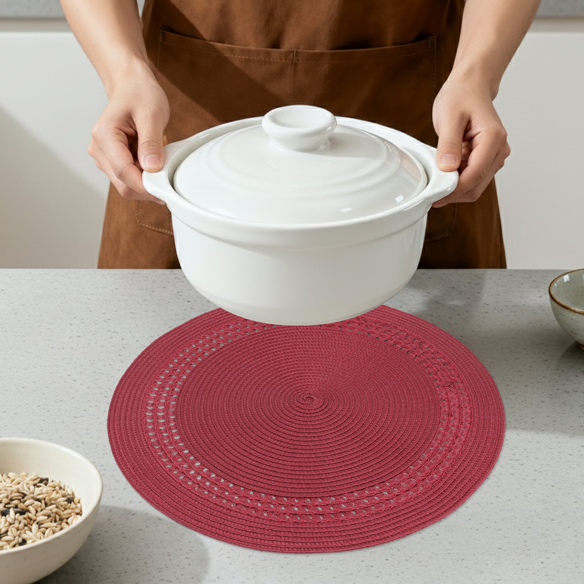 Unique Bargains Farmhouse Round Placemats Set of 6 Woven Placemats Wine Red
