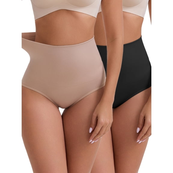 DARING DIVA Women's High-Waisted Butt Lifting Underwear 2 Pack Set L Black, Beige
