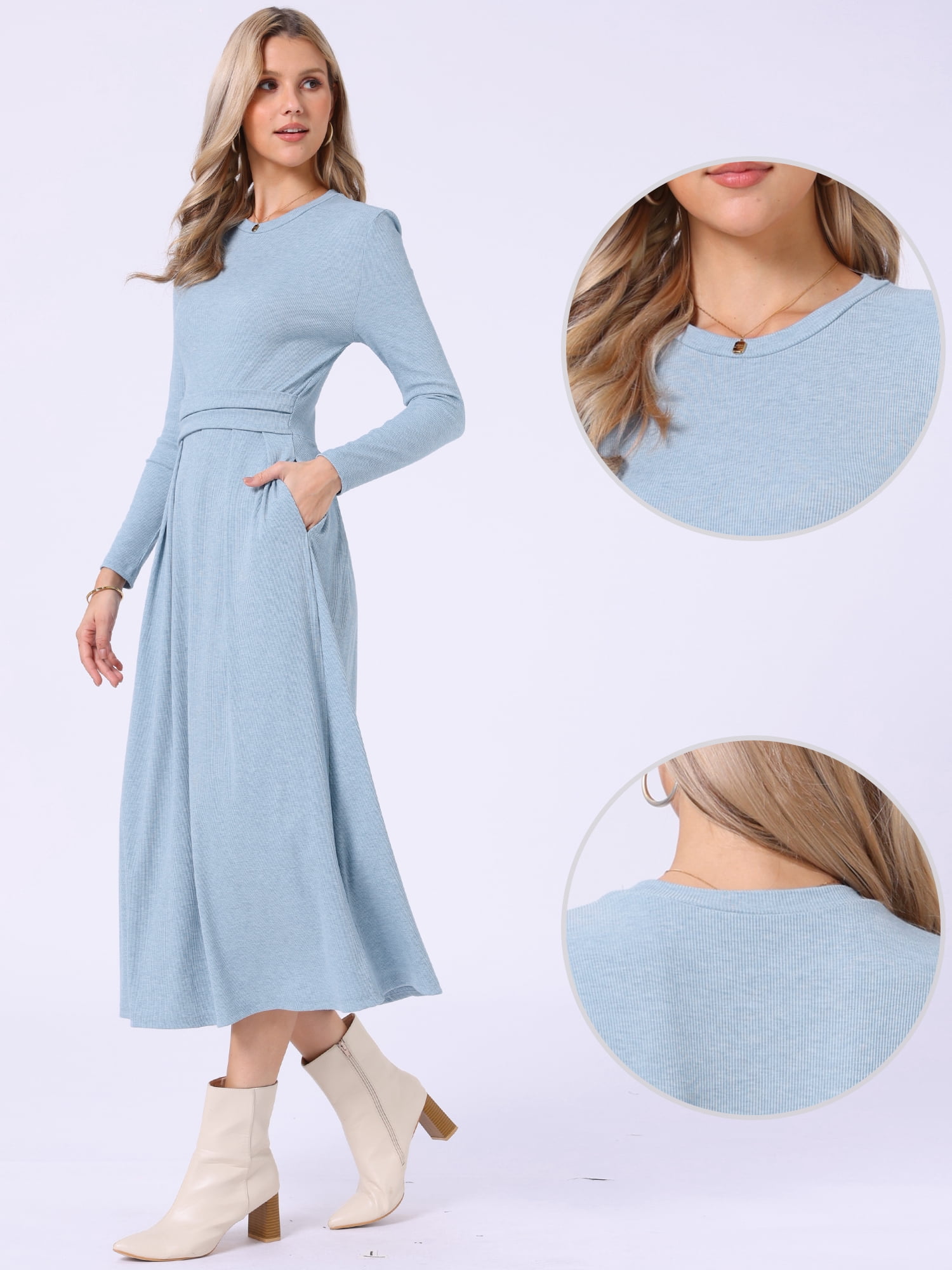 DARING DIVA Women's Long Sleeve Maxi Casual Formal Spring A-Line Dress L Light Blue