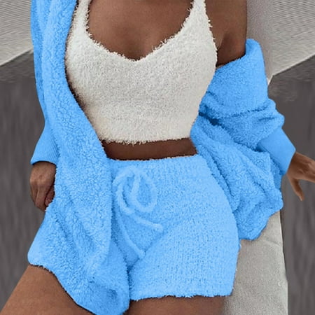 

FITORON Womens Pajama Sets- 3 Pc Loungewear Sets Plush Soft Casual Housewear Solid Long Sleeves 3 Piece Set Sky Blue M