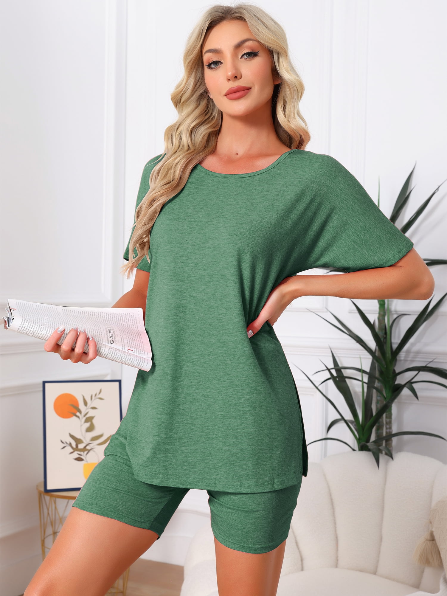 DARING DIVA Women's Pajama Set Split Jersey Knit Tops with Fitted Shorts L Green