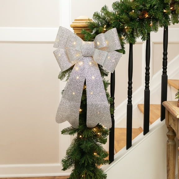 Northlight LED Lighted Tinsel Bow Christmas Decoration - 24" - Silver