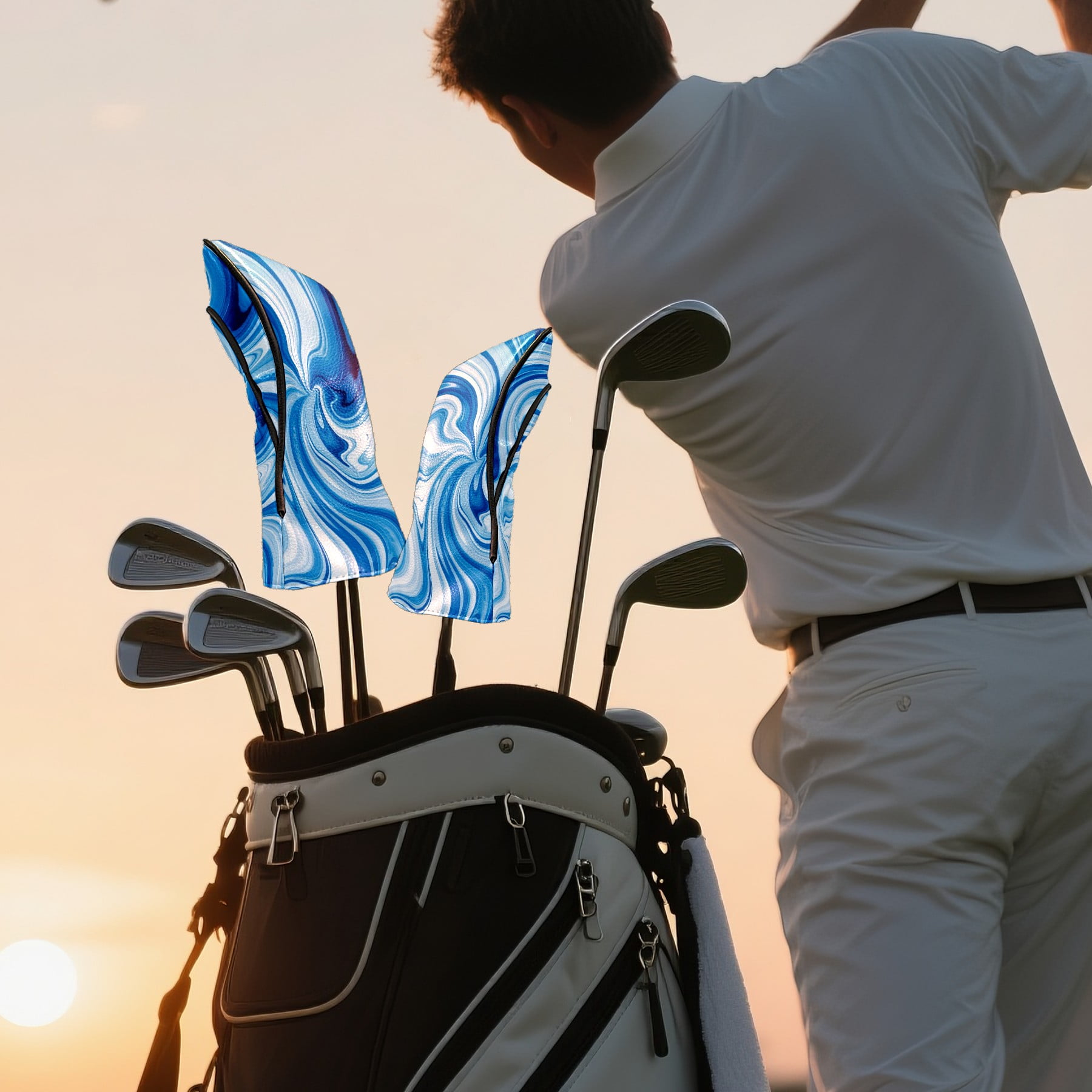 Golf Club Head Cover Waterproof Leather Golf Accessories HeadCovers Set Driver Headcover for Women Men Azure Swirl Texture