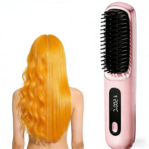 LAPTOM MAX Go Brush Pro for Short Hair Hair Straightener Brush Cordless Rechargeable Portable for Travel, Pink