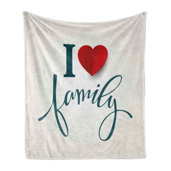 Family Soft Flannel Fleece Blanket, Love and Family Theme Design with Red Heart Hand Writing Modern Typography, Cozy Plush for Indoor and Outdoor Use, 60" x 80", Slate Blue Red White, by Ambesonne
