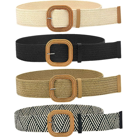 4 Pack Straw Boho Woven Elastic Stretch Waist Belts, Waist Braided Skinny Dress Belts for Women Girl