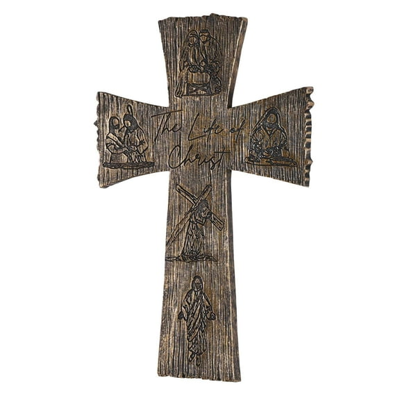 Dicksons WCR-204 The Life Of Christ Natural Brown Wood Look 12 Inch Resin Decorative Hanging Wall Cross