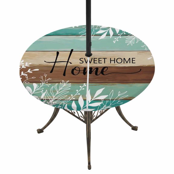 Round Outdoor Tablecloth with Umbrella Hole and Zipper, Vintage Teal Turquoise Tablecloth with Elastic Waterproof, Farmhouse Florals Leaf Coastal Home Patio Table Covers for 36" - 44" Pool Tables
