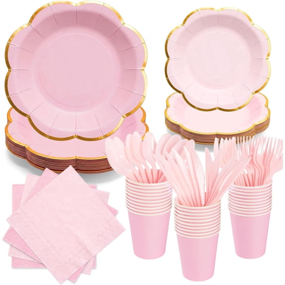MSHJA 168 Pack Pink Paper Plates and Napkins, Scalloped Disposable Party Plate with Gold Rim Set for Girls Birthday Party Baby Shower Gender Reveal