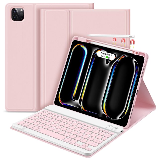 Funda con teclado GOKOCO para iPad Pro 11 2024 con soporte para lápices, color rosa