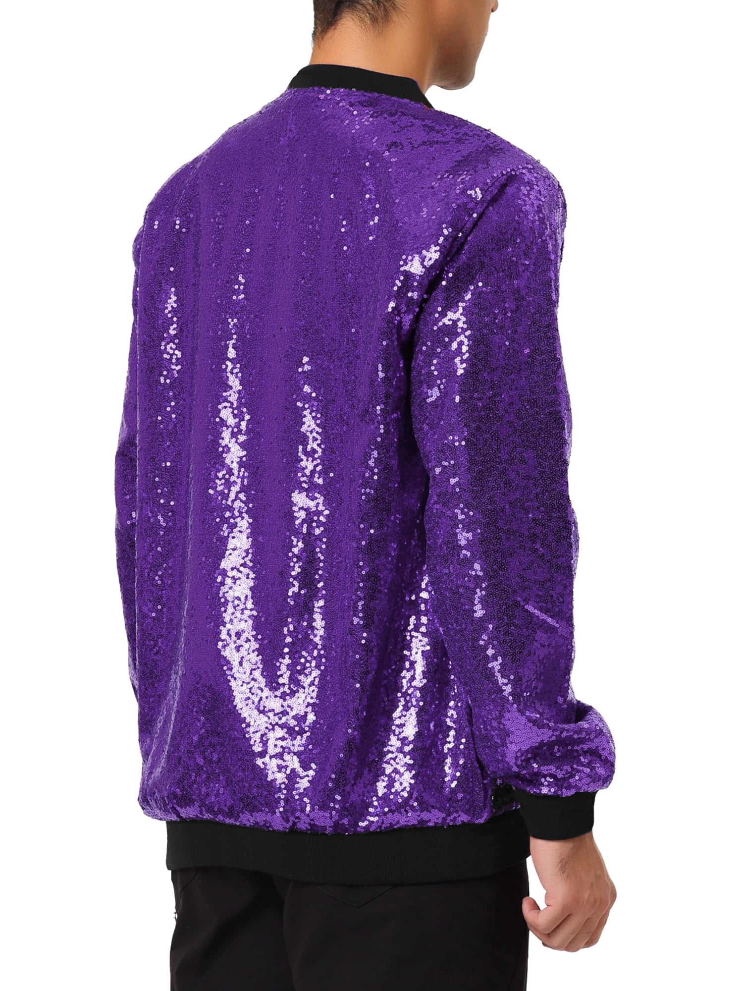 Unique Bargains Men's Long Sleeves Sequin Varsity Zipper Bomber Jacket XL Purple