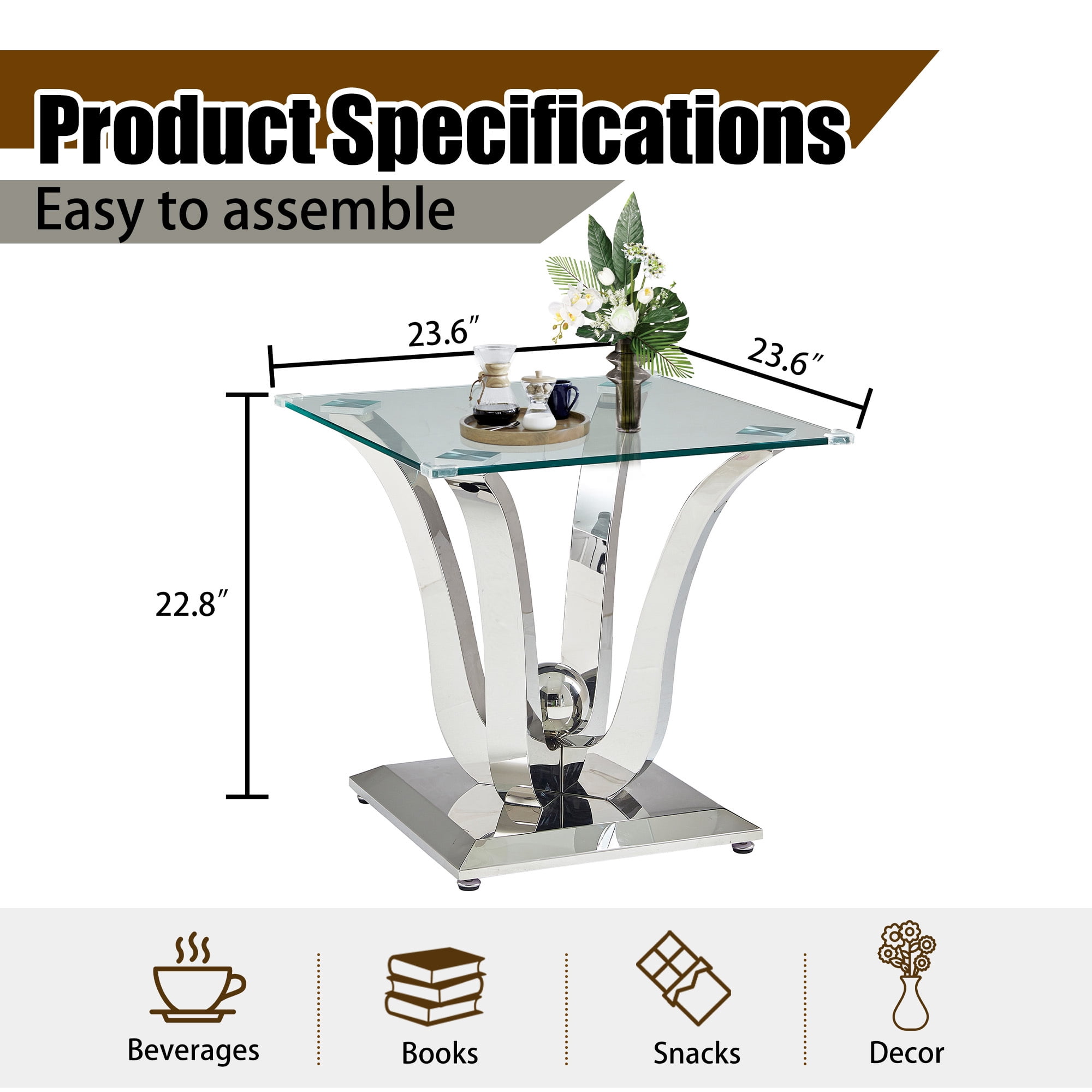 23.62" Square Glass End Table with Tempered Glass Top and Modern U-Shaped Stainless Steel Base, Perfect for Living Room and Bedroom