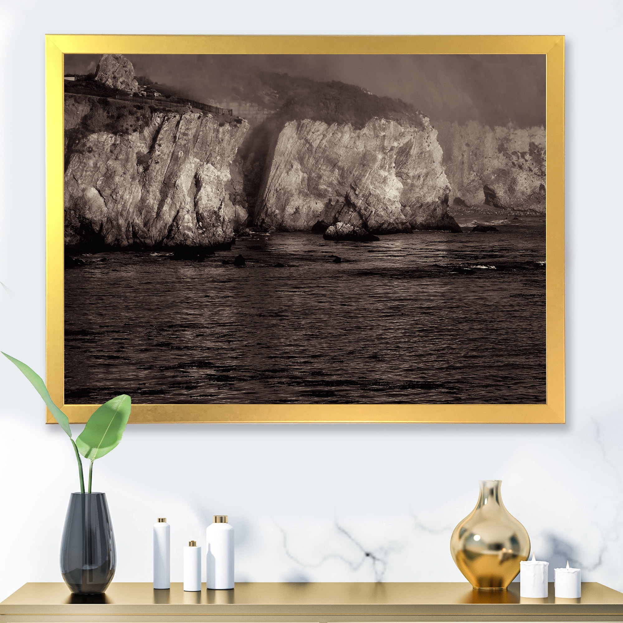 Designart 'Gold Cliffs Over Sea In The Fog' Modern Framed Art Print
