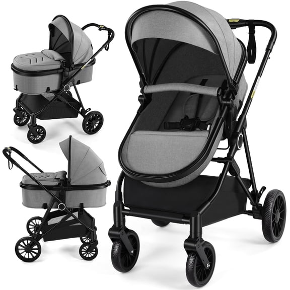 Vomeast Baby Stroller, Foldable Lightweight Travel Stroller with Reversible Seat, 5-Point Harness, Adjustable Canopy, Storage Basket and Footmuff, Grey