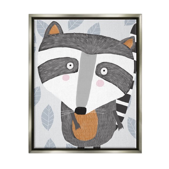 Stupell Industries Raccoon Animal Patterned Leaves Graphic Art Luster Gray Floating Framed Canvas Print Wall Art, Design by Carla Daly