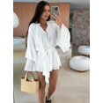 thumbnail image 6 of Women'S Layered Bell Sleeve Tie Neck Mini Dresses Ruffle Belted Tunic Dress White M, 6 of 9