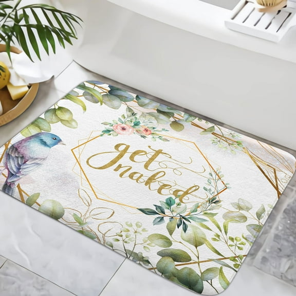 Sage Green Eucalyptus Bath Rug,Get Naked Bathroom Mat Docer,Birds on Tree Durable Soft Flannel 3D Print Rug Kitchen Bedroom Indoor,17X29inch