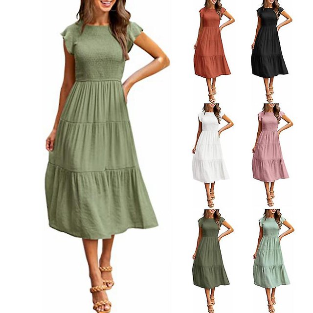 Women's Ruffle Short Sleeve Smocked Tiered Long Dress A Line Round Neck