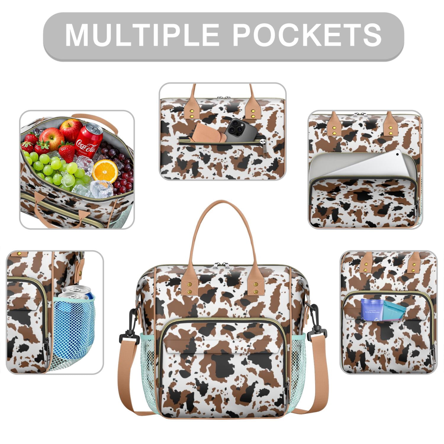 Buffalo Cow Design Insulated Lunch Bag – Large Reusable Lunch Box with Artistic Farm Animal Print Leakproof Waterproof Cooler Tote with Dual Compartments for Country-Themed Office or Picnic Use