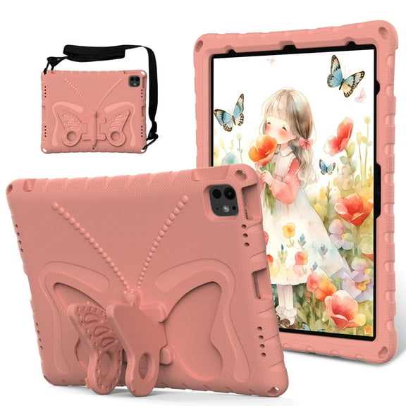 For iPad Air 13 Inch Case 2024, iPad Pro 12.9 Case 2022/2021/2020/2018, Cute Butterfly Design Kickstand Shoulder Strap Bumper Rugged Kids Friendly Case Cover for Boys Girls Children, Lightpink