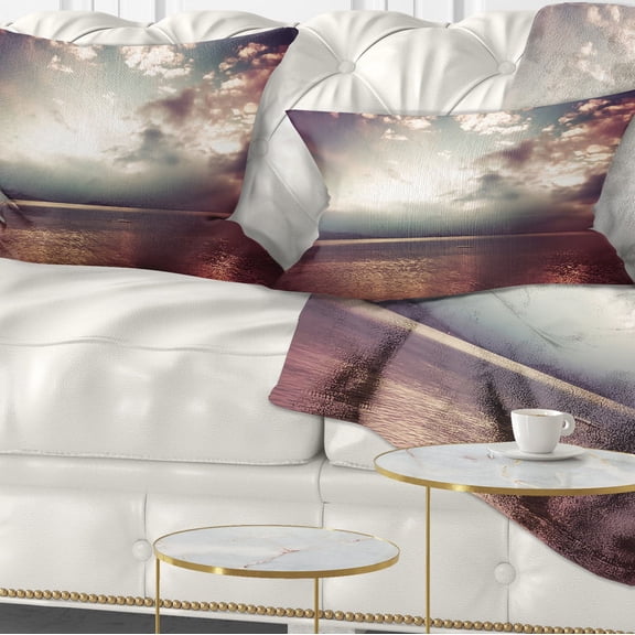 Designart Dark Sunset with Dramatic Sky - Seashore Throw Pillow - 12x20