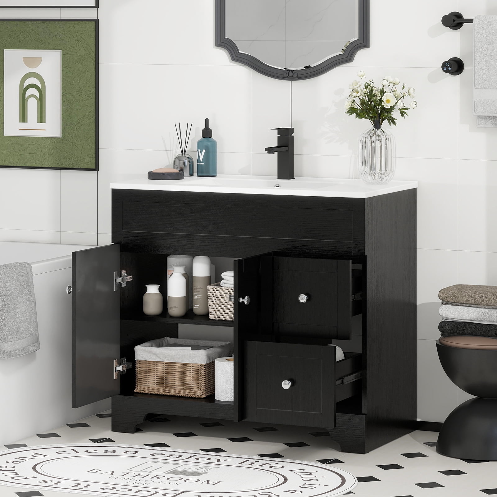 PULUOMIS 36" Bathroom Vanity with Sink Combo, Modern Bathroom Storage Vanities Set with 2 Drawers and 1 Soft Closing Door, Ceramic Undermount Sink, Without Faucet, Black