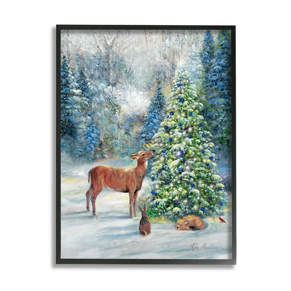Stupell Industries Winter Woodland Animals Tree Holiday Painting Black Framed Art Print Wall Art