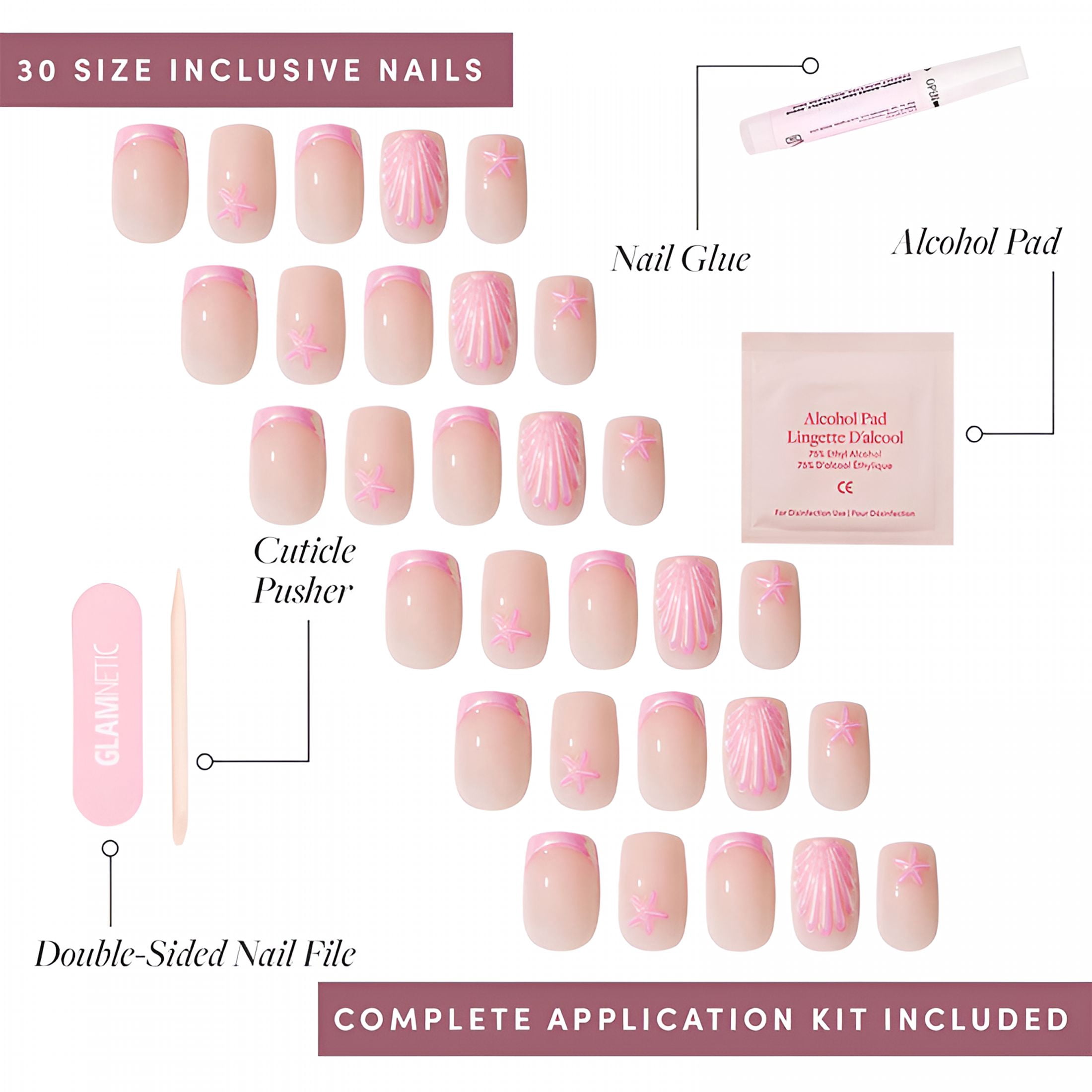 RAGUPEL Press on Nails - Blush Dunes | Short Squoval Fake Nails with Pink French Tips and 3D Accents, Salon Quality Summer Nails | 15 Sizes - 30 Nail Kit with Glue