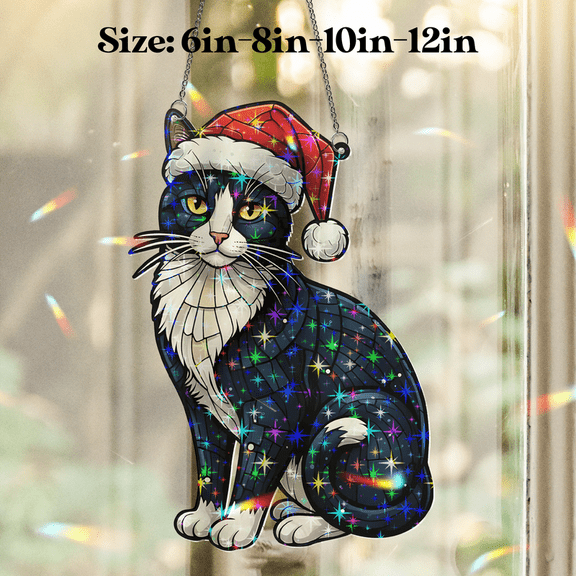 Lotusprinthandmade Christmas Gift Cat Lovers Custom Shape Star Hologram Ornament 3.5in, christmas cat hologram ornament, santa cat hologram ornament