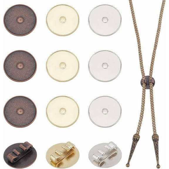 12pcs Bolo Tie Tips 3 Colors Bolo Tie Clip Alloy Round Bolo Tie Slides Blank 0.9inch Bolo Tie Buckle Replacement Accessories