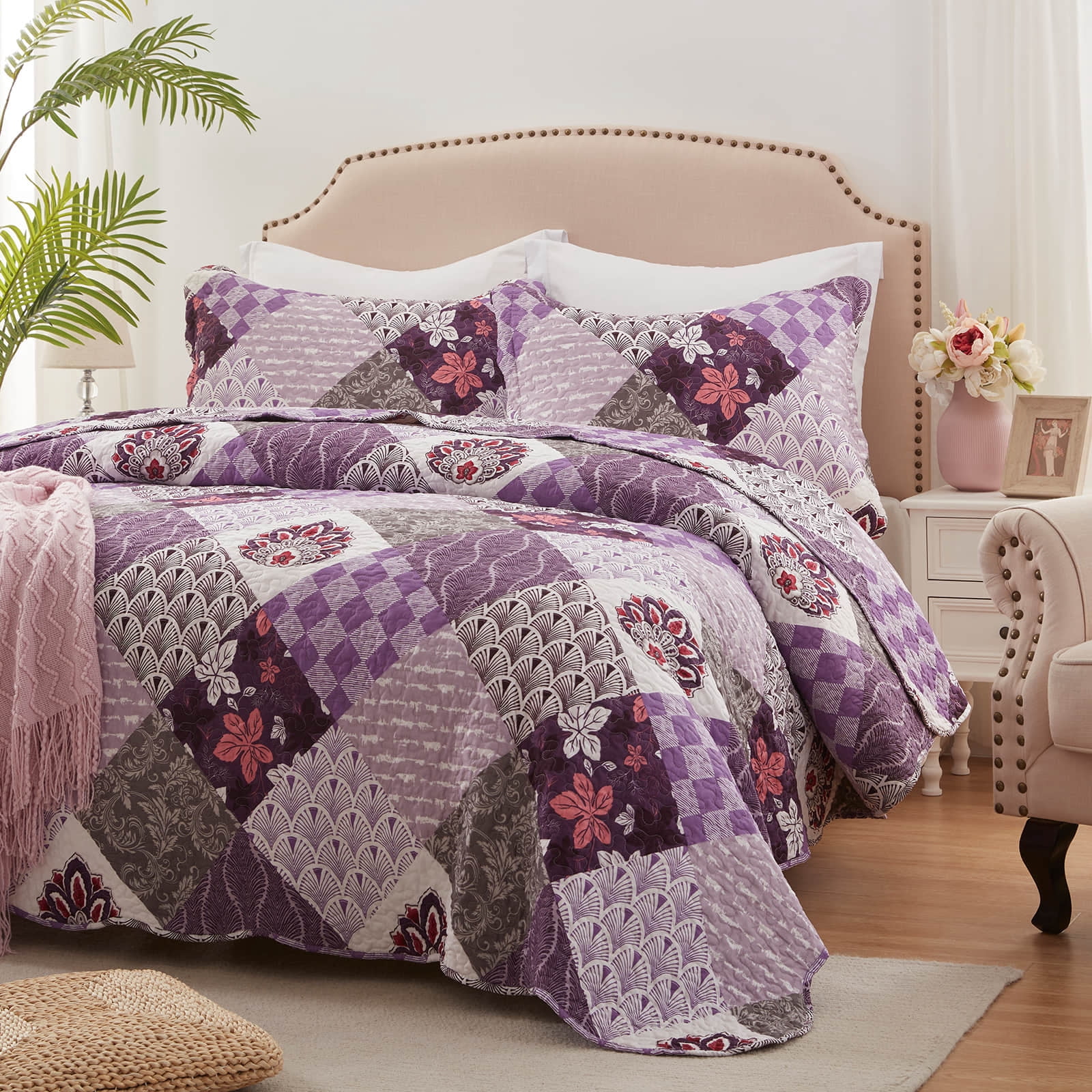 3-Piece Full/Queen Size Quilt Set - Purple Patchwork Bedspread Coverlet with 2 Pillow Shams, Microfiber