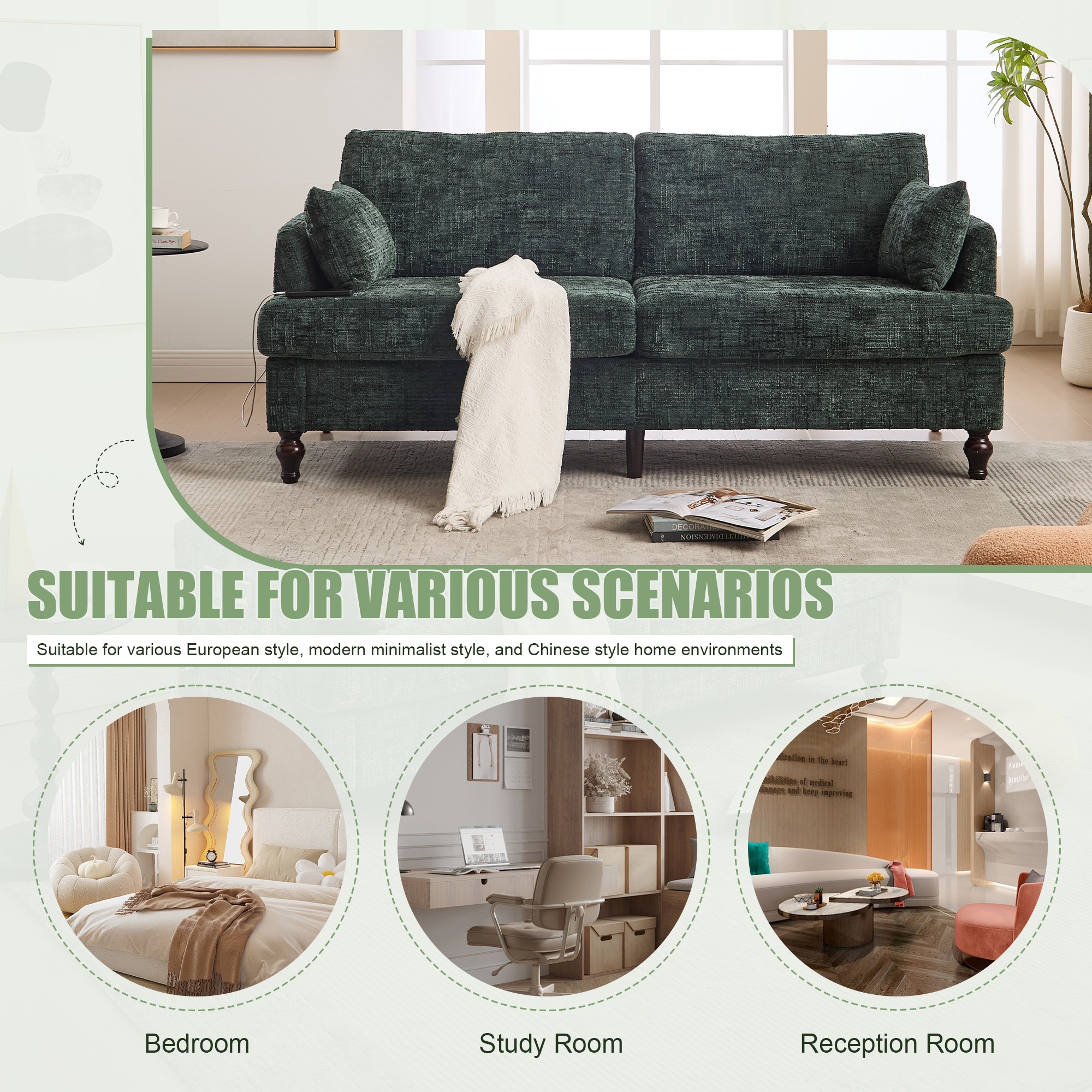 68.9" Sofa Couch,Modern 2 Seater Upholstered Loveseat Sofa Couch with LED light&USB for Living Room,Bedroom,Emerald