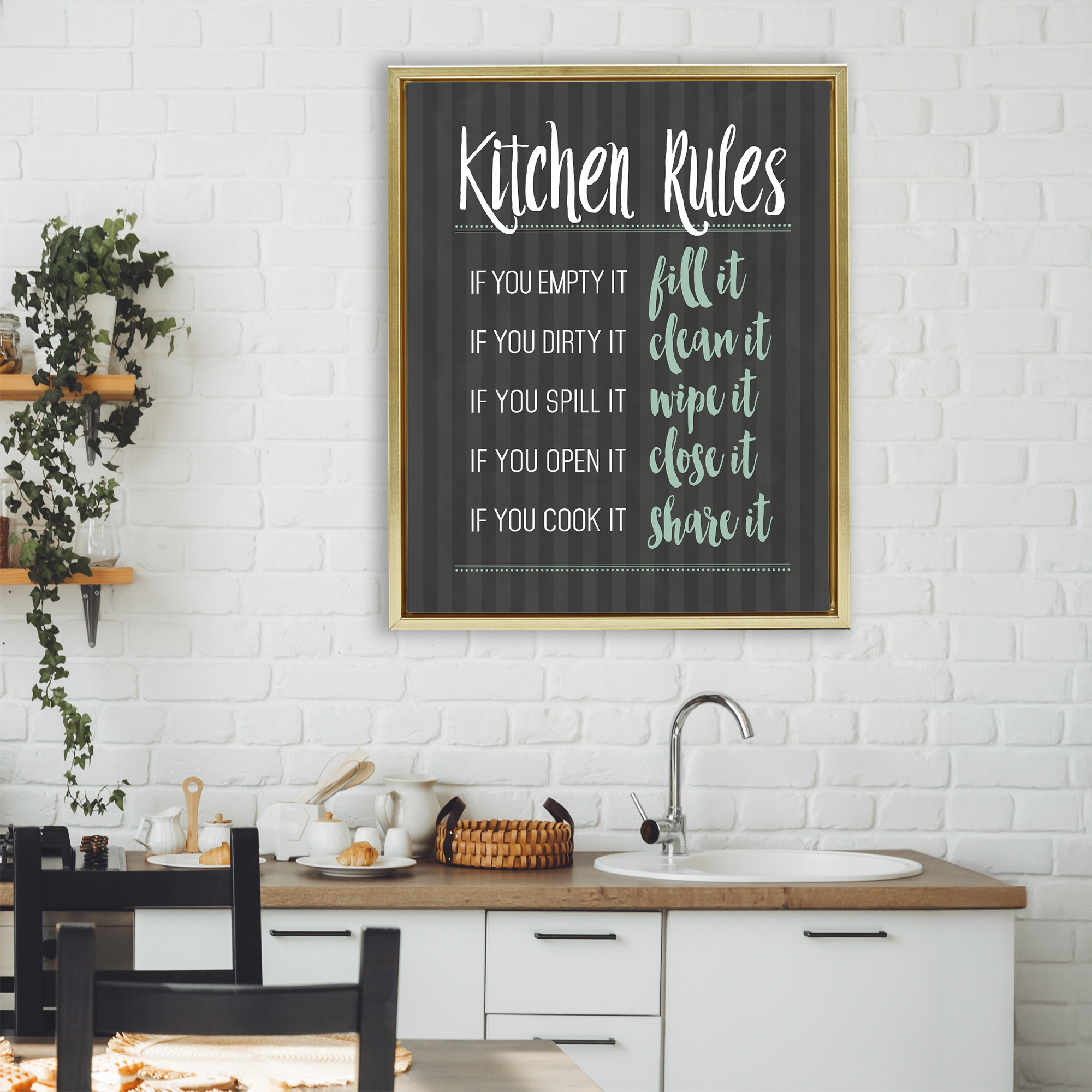Kitchen Rules Black & Green Gold Framed Floater Canvas Wall Art, design by Lettered and Lined