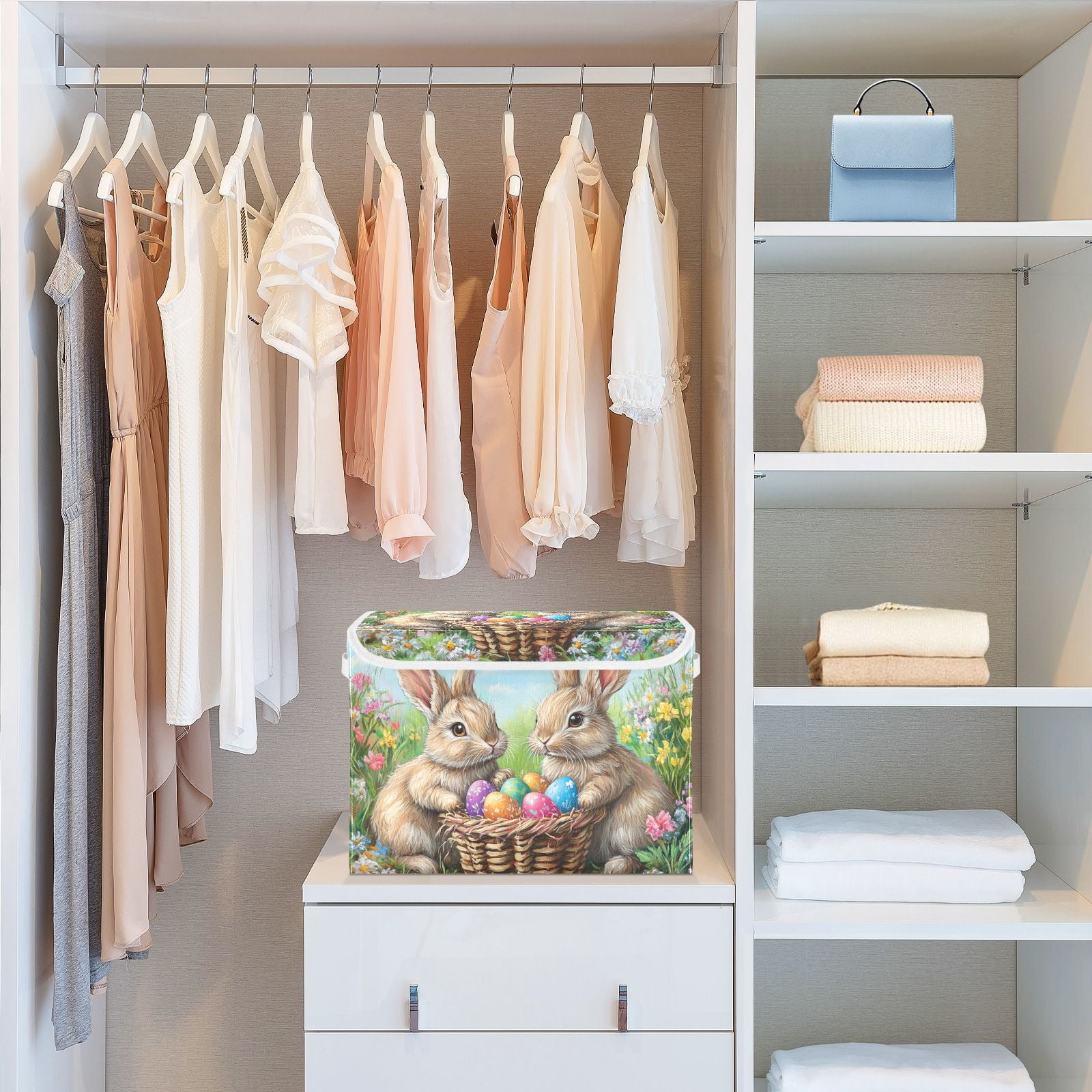 Easter Eggs and Rabbits Storage Basket for Shelves Foldable Container Organizer for Organizing Toys Clothes Books with Handles