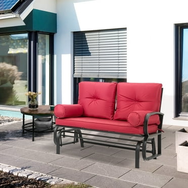 2-Person Outdoor Glider Chair Patio Double Rocking Loveseat w/ Cushions Wine Red/Khaki