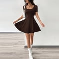 thumbnail image 5 of Women Solid Square Neck Short Sleeve Bodycon Flared Mini Dress, High Stretch Slim Fit A-Line Skater Dress, Casual Club Party Going Out Cute Dresses Coffee M(M), 5 of 6
