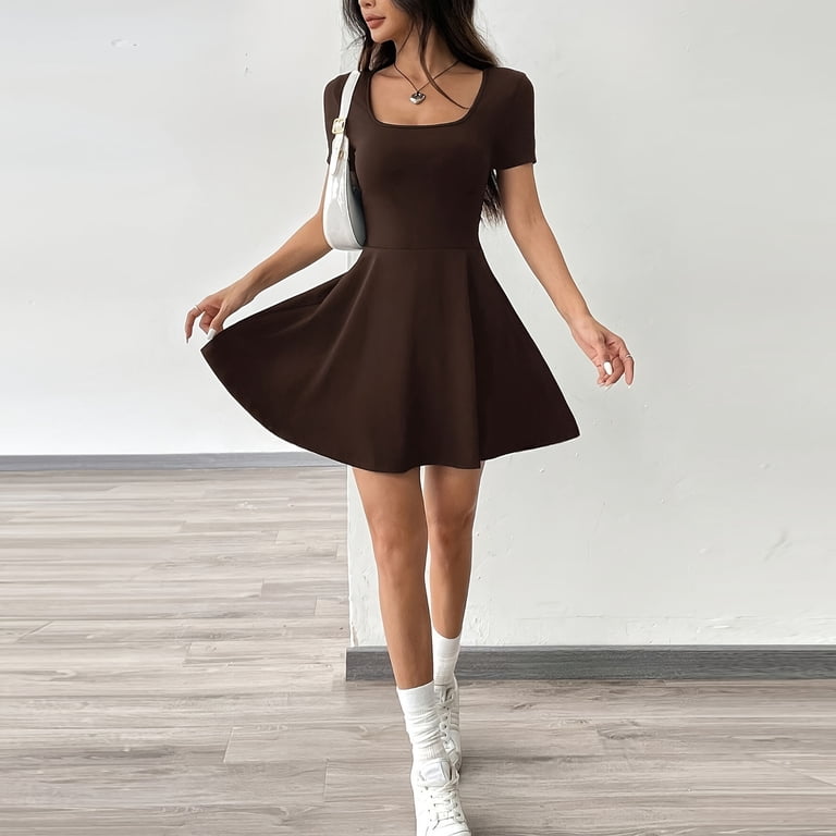 QUNYINEY Cute Dresses for Women Summer Mini Short Sleeve Blue A Line Dress Square Neckline Slim Fit Casual Dresses