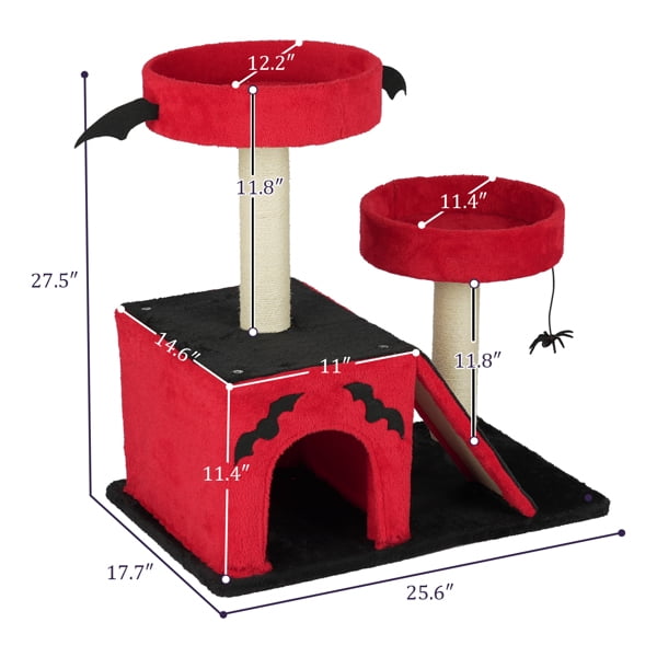 Alvantor Gothic Cat Tree Tower with Condo, Padded Perches & Scratcher, 26-inch, Red/Black