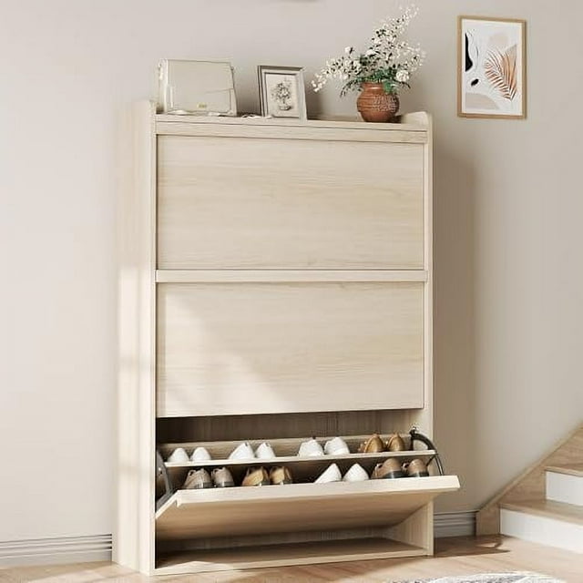 Shoe Cabinet with 3 Flip Drawers, Modern Shoe Storage for Entryway, Wooden Shoe Organizer Cabinet with Adjustable Shelf, Hidden Shoe Rack for Hallway, Living Room, Natural