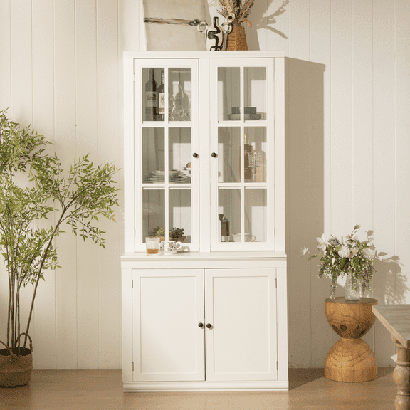 FFZ 75.25''H 36.25''W Freestanding Glass Door Pantry Farmhouse Display Hutch Lattice Window White