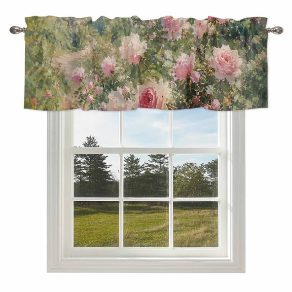 Romantic Pink Rose Valances for Windows,Rod Pocket Valance for Kitchen Bedroom Bathroom Living Room, Retro Country Lush Meadow Window Valance Curtain Farmhouse Home Decor Short Curtains 54x18in
