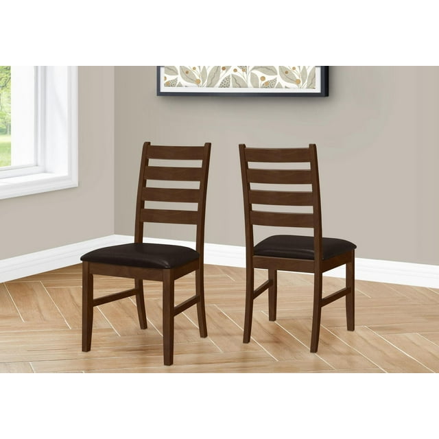 Set of two Monarch Specialties 37-inch tall dining chairs featuring brown solid wood frames, ladder-style backs, and dark brown leather-look upholstered seats in a transitional style.