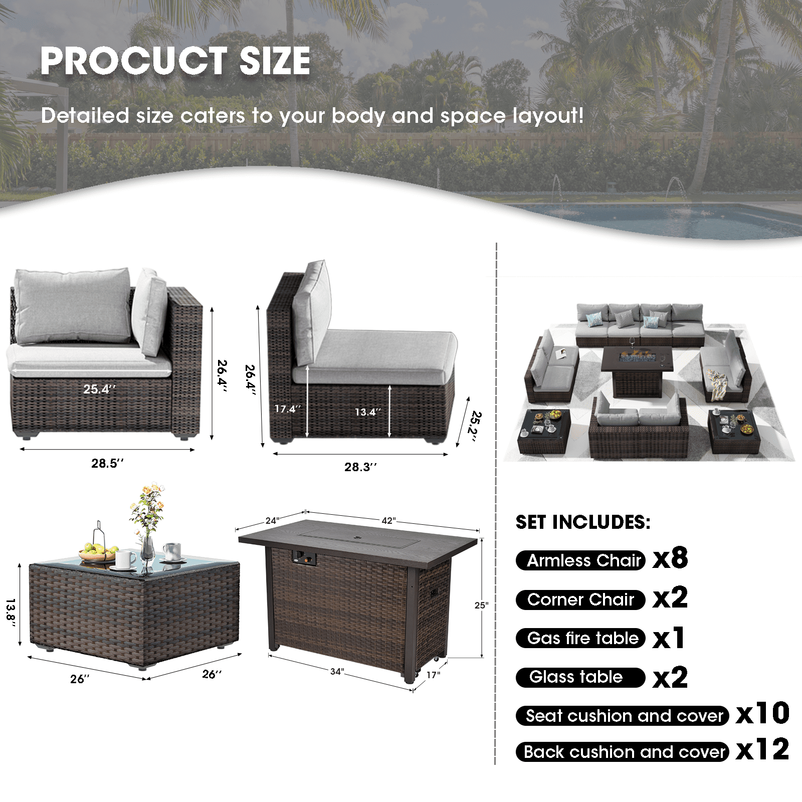 Grezone 13 Piece Patio Furniture Set with Fire Pit Table, All Weather Outdoor Sectional PE Rattan, Patio Conversation Sets with Cushions and Glass Coffee Table for Garden Lawn Balcony