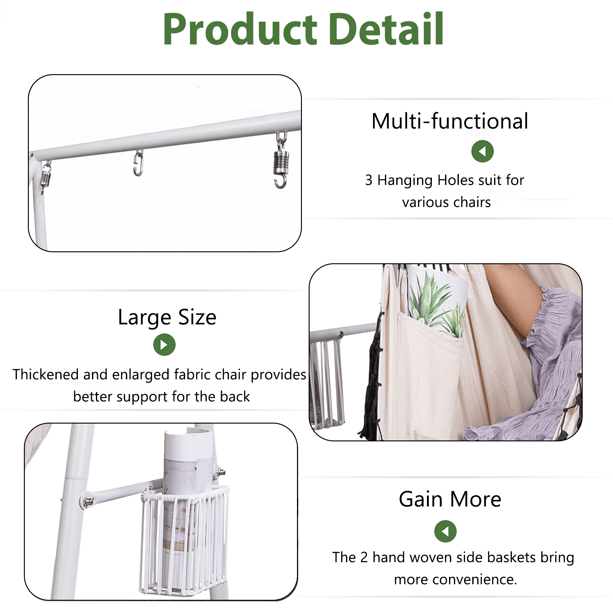Hammock Chair Hanging Rope Swing & Stand Set with Two Holders, Heavy Duty Hanging Stand with Three Hooks, Multi-Use for Indoor Outdoor Patio Yard Garden (White)